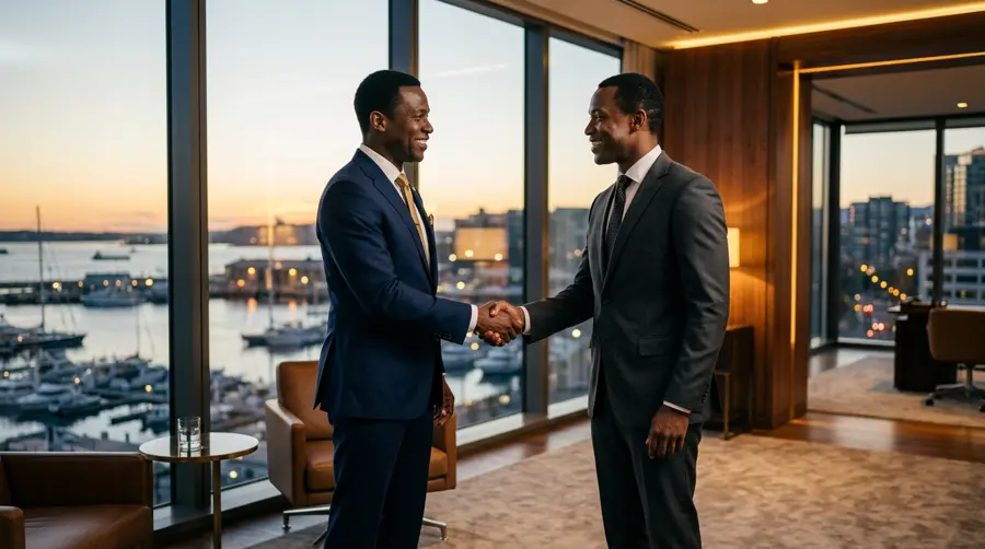 Two business partners shaking hands in an office overlooking a harbour